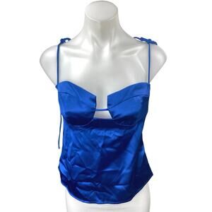NEW Commense Blue Satin Sleeveless Cami Camisole Cutout Crop Slip Tank Top Sz S